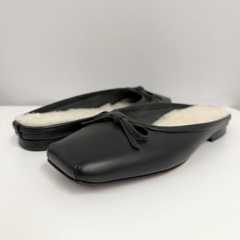 Brunello Cucinelli Leather & Sheepskin Mules Shoes Black Monili Bows 38 1/2 8.5B - Picture 3 of 11